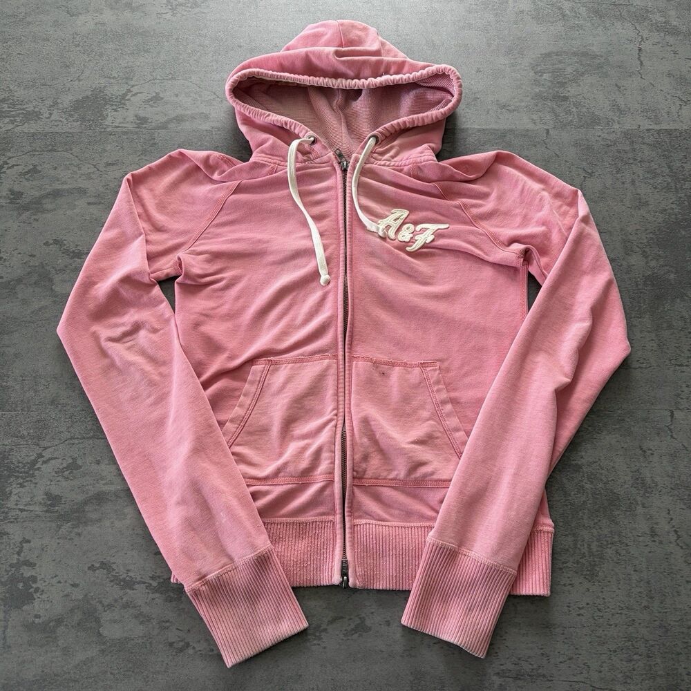 VTG Y2K Abercrombie Fitch Full Zip Hoodie Womens L Sunfaded Pink Full Applique